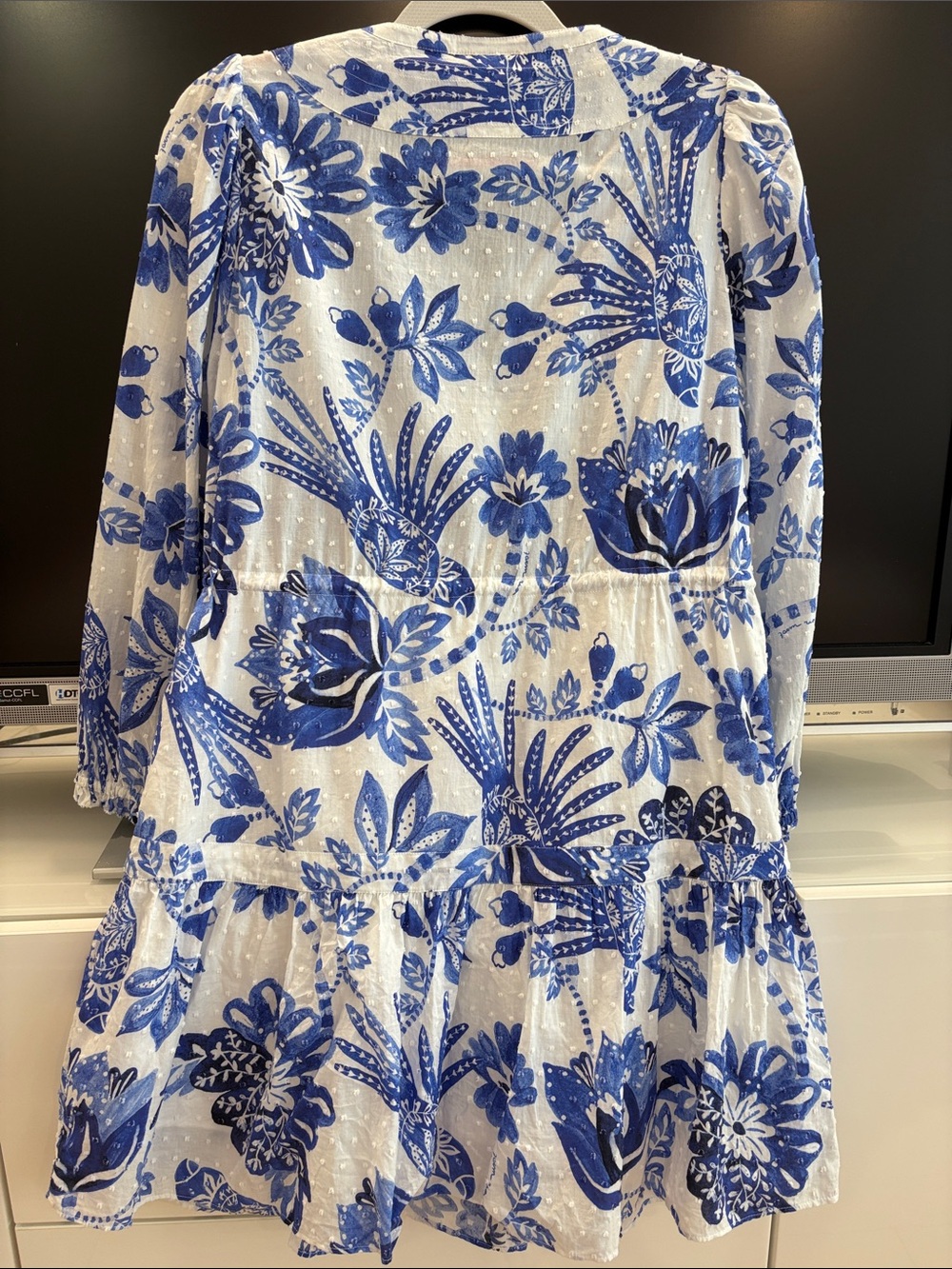 Like New FARM Rio White and Blue Floral Tiered Dress with Beaded Tassels, Small - Picture 2 of 8